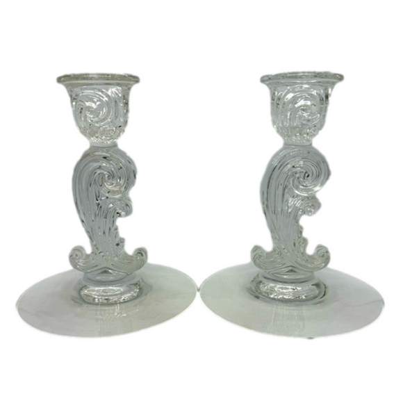 Vintage Set of 2 Fostoria Single Light Candlestick Corsage Clear - Picture 1 of 4